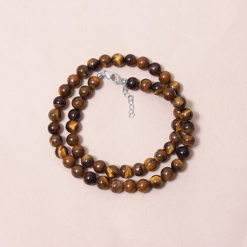 A&M Gems Natural Tiger Eye 8mm Smooth Round Beaded Necklace for Men & Women | 925 Sterling Silver Yoga & Healing Jewelry in Saudi Arabia