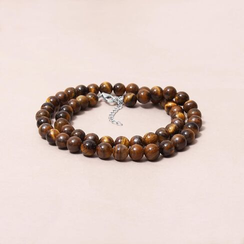 A&M Gems Natural Tiger Eye 8mm Smooth Round Beaded Necklace for Men & Women | 925 Sterling Silver Yoga & Healing Jewelry in Saudi Arabia
