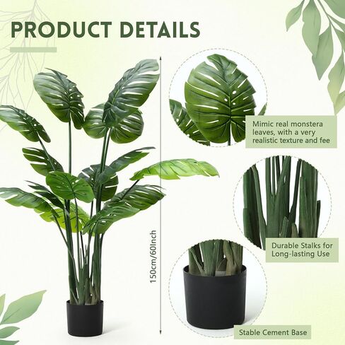 giegxin 2 حزمة 60 '' طويل القامة نبات Monstera Deliciosa الاصطناعي الكبير 5ft فو الجبن السويسري نباتات أرضية وهمية شجرة الحرير الاستوائية مع وعاء للداخلية في الهواء الطلق مكتب منزل غرفة المعيشة ديكور المنزل in Saudi Arabia