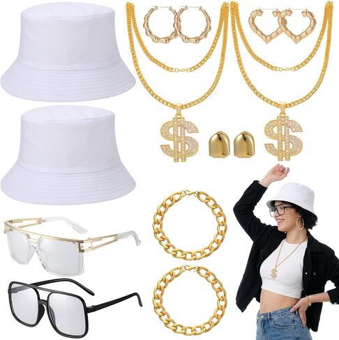 JATEBI 80s 90s Hip Hop Costume Kit Rapper Accessories Outfit for Women Men with Chains Bucket Hats Sunglasses Jewelry in Saudi Arabia