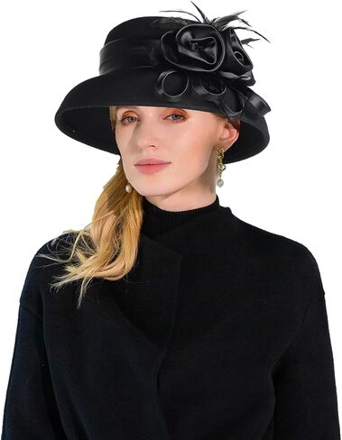 Women's Wool Felt Cloche Hat with Flower Feather Hepburn Style Formal Church Tea Party Dress Cocktail Hats in Saudi Arabia