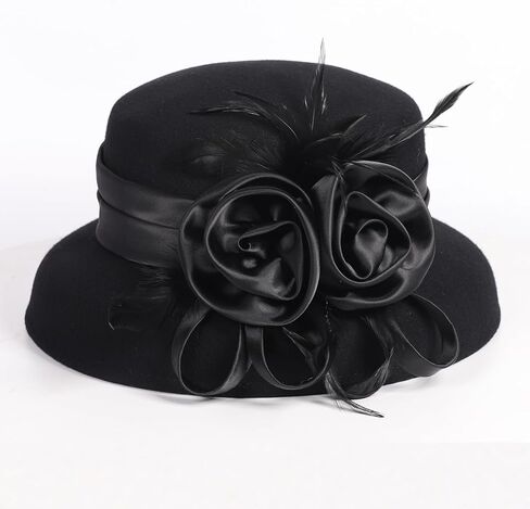 Women's Wool Felt Cloche Hat with Flower Feather Hepburn Style Formal Church Tea Party Dress Cocktail Hats in Saudi Arabia