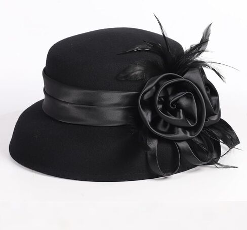 Women's Wool Felt Cloche Hat with Flower Feather Hepburn Style Formal Church Tea Party Dress Cocktail Hats in Saudi Arabia