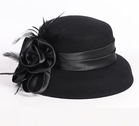 Women's Wool Felt Cloche Hat with Flower Feather Hepburn Style Formal Church Tea Party Dress Cocktail Hats in Saudi Arabia
