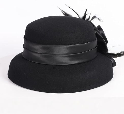 Women's Wool Felt Cloche Hat with Flower Feather Hepburn Style Formal Church Tea Party Dress Cocktail Hats in Saudi Arabia