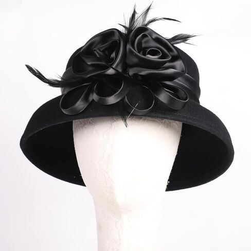 Women's Wool Felt Cloche Hat with Flower Feather Hepburn Style Formal Church Tea Party Dress Cocktail Hats in Saudi Arabia