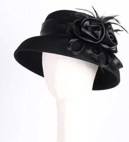 Women's Wool Felt Cloche Hat with Flower Feather Hepburn Style Formal Church Tea Party Dress Cocktail Hats in Saudi Arabia