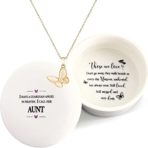 Aunt Memorial Gift, I Have a Guardian Angel in Heaven Sympathy Keepsake Box Ceramic with Butterfly Necklace, In Loving Memory of Aunt, Condolence Remembrance Grieving Auntie Passed Away Gifts in Kuwait