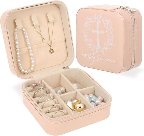 Holy Communion Travel Jewelry Box, First Communion Gifts Jewelry Case for Women, Religious 1st Holy Communion Baptism Gift Small Square Container with Zipper for Rings Earrings Necklaces, Pink (1) in Saudi Arabia