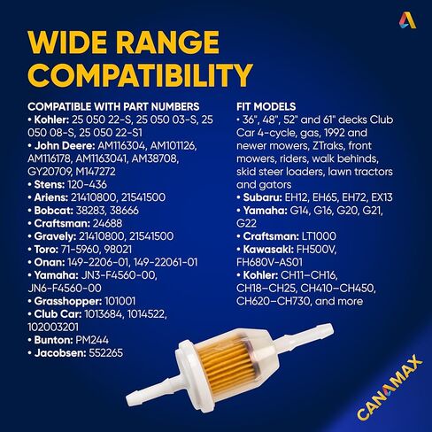 Canamax AM116304 Fuel Filter 25 050 22-S - Compatible with Kohler 25-050-03-S, 25-050-08-S John Deere GY20709 Gravely 21541500 - Fit 1/4 and 5/16 Fuel Line - Replaces 71-5960 - Pack of 10 in Saudi Arabia