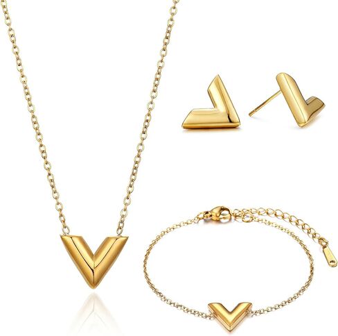 مجموعة مجوهرات مطلية بالذهب عيار 18 قيراط حرف V مكونة من 3 قطع للنساء - أقراط سوار من الفولاذ المقاوم للصدأ قابلة للتعديل وخالية من التشويه، لا تسبب الحساسية وخالية من النيكل والرصاص مجوهرات للاستخدام اليومي، هدية لعيد الميلاد وعيد الأم in Kuwait