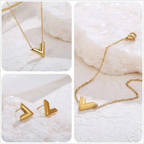 مجموعة مجوهرات مطلية بالذهب عيار 18 قيراط حرف V مكونة من 3 قطع للنساء - أقراط سوار من الفولاذ المقاوم للصدأ قابلة للتعديل وخالية من التشويه، لا تسبب الحساسية وخالية من النيكل والرصاص مجوهرات للاستخدام اليومي، هدية لعيد الميلاد وعيد الأم in Kuwait
