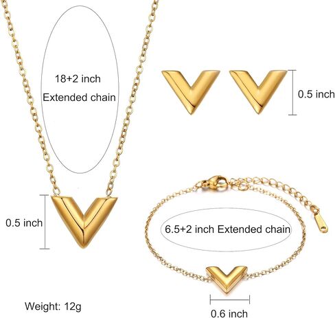 مجموعة مجوهرات مطلية بالذهب عيار 18 قيراط حرف V مكونة من 3 قطع للنساء - أقراط سوار من الفولاذ المقاوم للصدأ قابلة للتعديل وخالية من التشويه، لا تسبب الحساسية وخالية من النيكل والرصاص مجوهرات للاستخدام اليومي، هدية لعيد الميلاد وعيد الأم in Kuwait