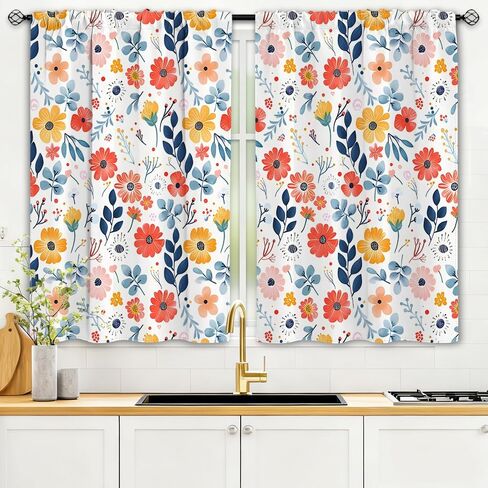 ستائر نافذة المطبخ القصيرة الربيعية، ستائر قصيرة على شكل زهرة برية للنوافذ، ستائر مطبخ جيب قضيب فوق المغسلة، ستائر مقهى قصيرة من الطبقة الربيعية، ستائر نافذة ديكور 27 بوصة عرض × 39 بوصة طول 2 لوح in Kuwait