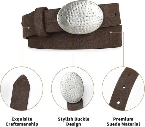 Women’s Suede Leather Belt Dark Brown Boho Waistband with Silver Round Buckle for Dresses, Jeans, Coastal Styling in Kuwait