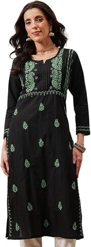 Ada Traditional Hand Embroidered Chikankari Cotton Kurta Kurti Tunic Kameez for Women A411435 Black in Saudi Arabia