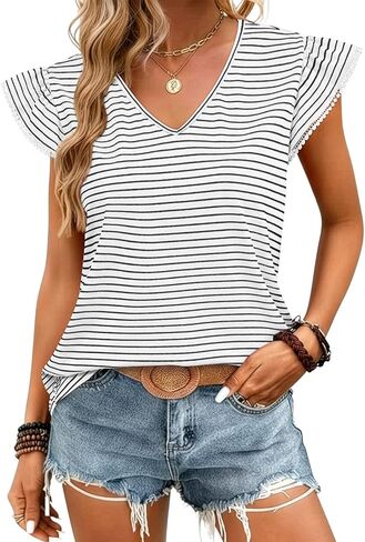 JUSTFASHIONNOW Womens Summer Ruffle Flutter Sleeve V Neck Tops, Soft Casual Striped Versatile Dressy Blouses in Saudi Arabia
