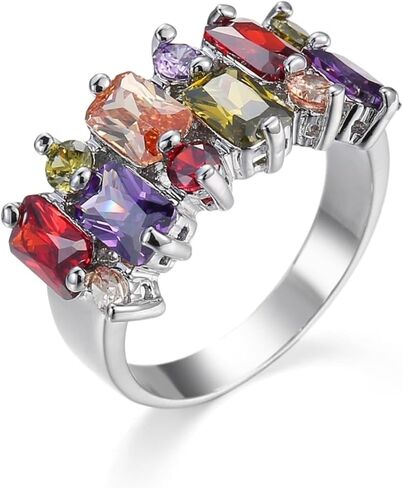Silver Plated Ring Colorful Emerald & Round Cut Created Garnet Amethyst Morganite Peridot Cubic Zirconia Filled Engagement Wedding Proposal Promise Romantic Band for Women Lovers in Saudi Arabia