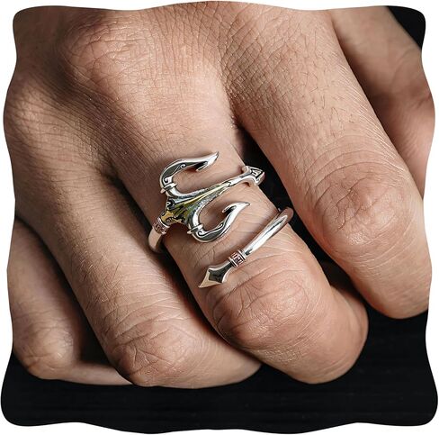 Trident Ring, Vintage Silver Plated Pirate Rings Gothic Jewelry for Men Women, Adjustable Open Personalized Anchor Ring in Kuwait