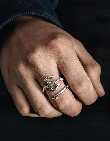 Trident Ring, Vintage Silver Plated Pirate Rings Gothic Jewelry for Men Women, Adjustable Open Personalized Anchor Ring in Kuwait