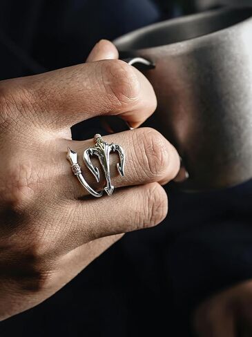 Trident Ring, Vintage Silver Plated Pirate Rings Gothic Jewelry for Men Women, Adjustable Open Personalized Anchor Ring in Kuwait