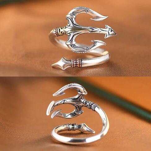 Trident Ring, Vintage Silver Plated Pirate Rings Gothic Jewelry for Men Women, Adjustable Open Personalized Anchor Ring in Kuwait