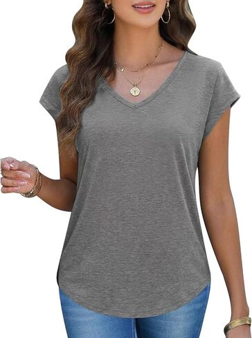 Womens V Neck Cute Short Sleeve Top Curved Hem Blouses Sexy Slim Fit Tee Shirts Spring Summer Tops Fashion Casual T Shirts in Saudi Arabia