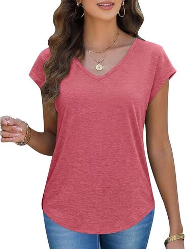 Womens V Neck Cute Short Sleeve Top Curved Hem Blouses Sexy Slim Fit Tee Shirts Spring Summer Tops Fashion Casual T Shirts in Saudi Arabia