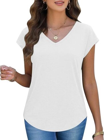Womens V Neck Cute Short Sleeve Top Curved Hem Blouses Sexy Slim Fit Tee Shirts Spring Summer Tops Fashion Casual T Shirts in Saudi Arabia