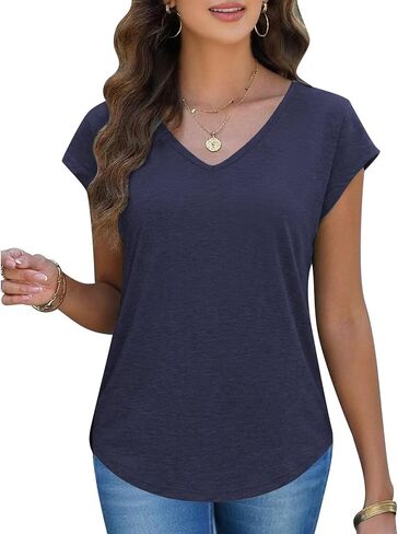 Womens V Neck Cute Short Sleeve Top Curved Hem Blouses Sexy Slim Fit Tee Shirts Spring Summer Tops Fashion Casual T Shirts in Saudi Arabia