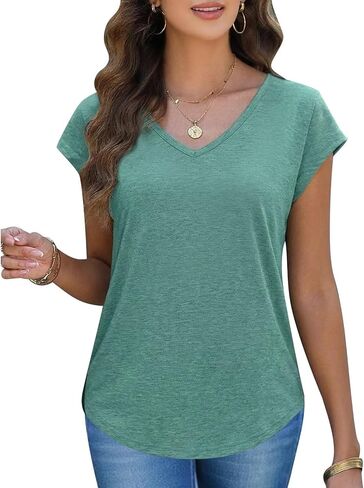 Womens V Neck Cute Short Sleeve Top Curved Hem Blouses Sexy Slim Fit Tee Shirts Spring Summer Tops Fashion Casual T Shirts in Saudi Arabia