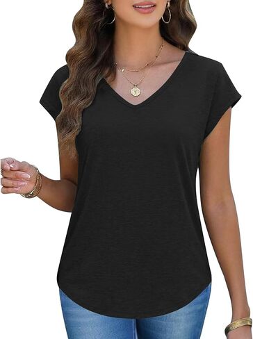 Womens V Neck Cute Short Sleeve Top Curved Hem Blouses Sexy Slim Fit Tee Shirts Spring Summer Tops Fashion Casual T Shirts in Saudi Arabia