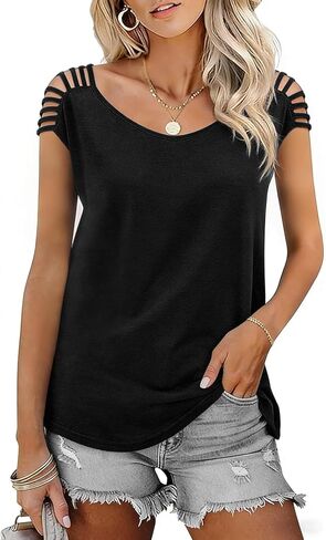 JUSTFASHIONNOW Cold Shoulder Tops for Women Cute Going Out T Shirts Cap Sleeve Tops Summer Crewneck Tees Casual Trendy in Saudi Arabia