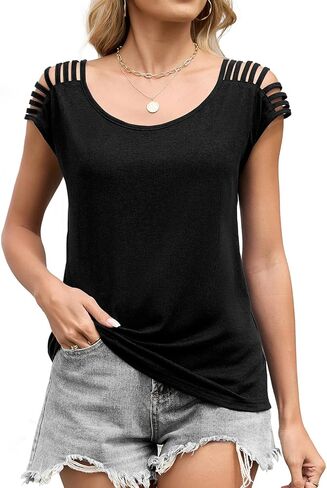 JUSTFASHIONNOW Cold Shoulder Tops for Women Cute Going Out T Shirts Cap Sleeve Tops Summer Crewneck Tees Casual Trendy in Saudi Arabia