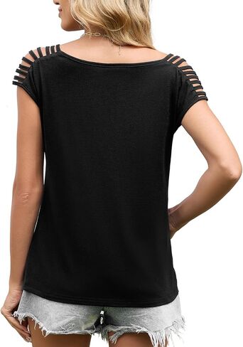 JUSTFASHIONNOW Cold Shoulder Tops for Women Cute Going Out T Shirts Cap Sleeve Tops Summer Crewneck Tees Casual Trendy in Saudi Arabia