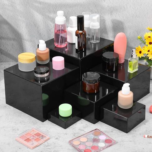 6 عبوات من الناهضين الأكريليك للعرض، صناديق مكعبات أكريليك، حامل عرض مع قيعان مجوفة، حامل زخرفي لعرض الطعام والمجوهرات وديكور طاولة الحلوى (أسود، من 3 إلى 8 بوصات) in Kuwait