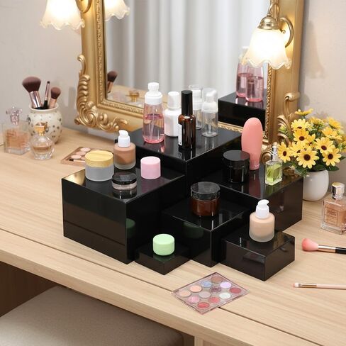 6 عبوات من الناهضين الأكريليك للعرض، صناديق مكعبات أكريليك، حامل عرض مع قيعان مجوفة، حامل زخرفي لعرض الطعام والمجوهرات وديكور طاولة الحلوى (أسود، من 3 إلى 8 بوصات) in Kuwait