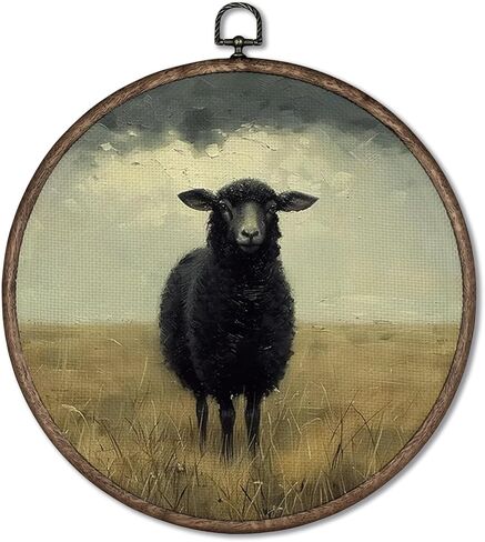 Giosve Vintage Moody Black Sheep Round Wall Art Canvas Framed Poster, Rustic Farmhouse Country Sheep Landscape Hanging Wall Sculptures for Home Bedroom Living Room Decor, 10x10 Inch in Kuwait