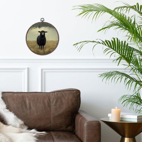 Giosve Vintage Moody Black Sheep Round Wall Art Canvas Framed Poster, Rustic Farmhouse Country Sheep Landscape Hanging Wall Sculptures for Home Bedroom Living Room Decor, 10x10 Inch in Kuwait