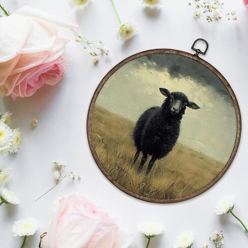 Giosve Vintage Moody Black Sheep Round Wall Art Canvas Framed Poster, Rustic Farmhouse Country Sheep Landscape Hanging Wall Sculptures for Home Bedroom Living Room Decor, 10x10 Inch in Kuwait