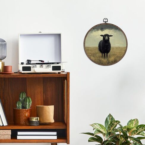 Giosve Vintage Moody Black Sheep Round Wall Art Canvas Framed Poster, Rustic Farmhouse Country Sheep Landscape Hanging Wall Sculptures for Home Bedroom Living Room Decor, 10x10 Inch in Kuwait