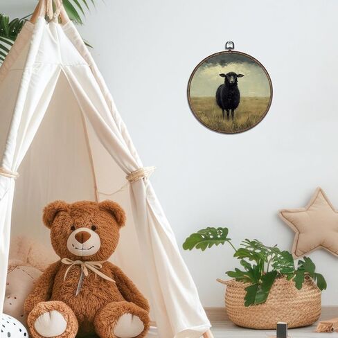 Giosve Vintage Moody Black Sheep Round Wall Art Canvas Framed Poster, Rustic Farmhouse Country Sheep Landscape Hanging Wall Sculptures for Home Bedroom Living Room Decor, 10x10 Inch in Kuwait