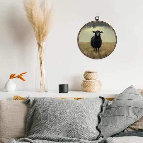 Giosve Vintage Moody Black Sheep Round Wall Art Canvas Framed Poster, Rustic Farmhouse Country Sheep Landscape Hanging Wall Sculptures for Home Bedroom Living Room Decor, 10x10 Inch in Kuwait