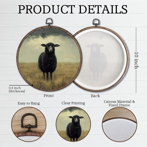 Giosve Vintage Moody Black Sheep Round Wall Art Canvas Framed Poster, Rustic Farmhouse Country Sheep Landscape Hanging Wall Sculptures for Home Bedroom Living Room Decor, 10x10 Inch in Kuwait