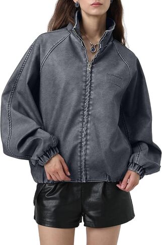Bakyarder Women’s Bomber Faux Leather Jacket Vintage Distressed Zip Up Streetwear Coat, Outerwear for Fall Outfit in Kuwait
