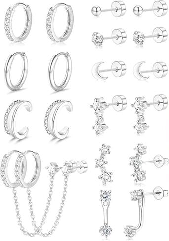 10 Pairs Hypoallergenic earrings set, Gold Plated Surgical Steel Flat Back Stud & Hoop Earring for Women & Men Huggie Hoops Cartilage Earrings Jewelry Gift set in Saudi Arabia