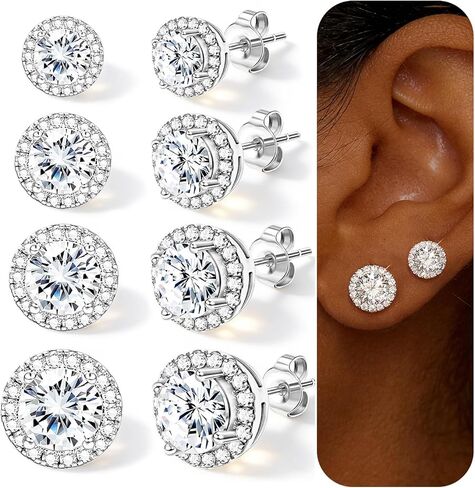 4 Pairs Silver Stud Earrings for Women, 18K Silver Plated Hypoallergenic Premium Cubic Zirconia Earrings, Halo Round Square Stud Earrings Set for Women Men in Kuwait