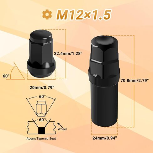 M12x1.5 Lug Nut Replacement Universal Fit for 4/5/6/8 Lug Tuner Rims, Black Car Bulge Acorn Wheel Lug Nuts for Cone Seat- Pack of 20 with 1 Key in Saudi Arabia