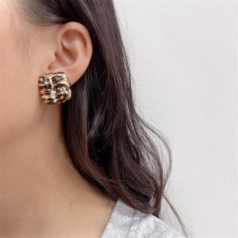 Retro Geometric Rectangle Leopard Print Stud Earrings for Women Gold Plated Vintage Square Animal Print Statement Studs Hypoallergenic Unique Design Fashion Trendy Jewelry in Saudi Arabia