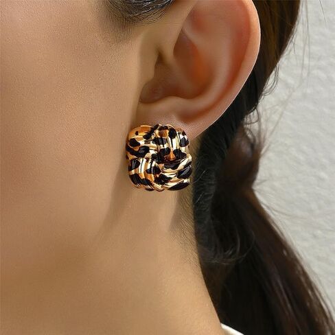 Retro Geometric Rectangle Leopard Print Stud Earrings for Women Gold Plated Vintage Square Animal Print Statement Studs Hypoallergenic Unique Design Fashion Trendy Jewelry in Saudi Arabia